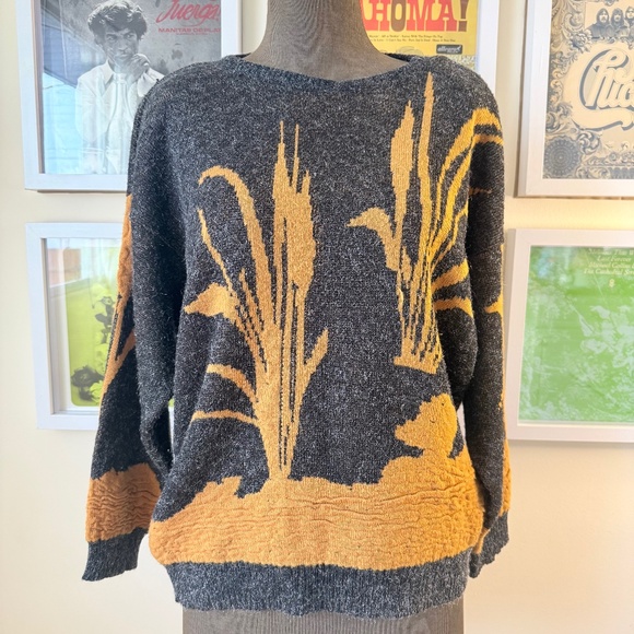 Vintage America Sweaters - 🌾 Vintage 90s Abstract Wheat Print Knit Sweater